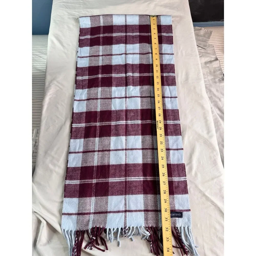 Lands’ End CashTouch Plaid Scarf Burgundy Light Blue Fringe Soft Winter Unisex